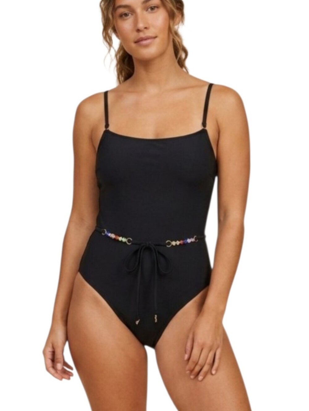 NWT Bebe Swimsuit One Piece Black Bathing Suite Jeweled Beaded Belt XL 10-12